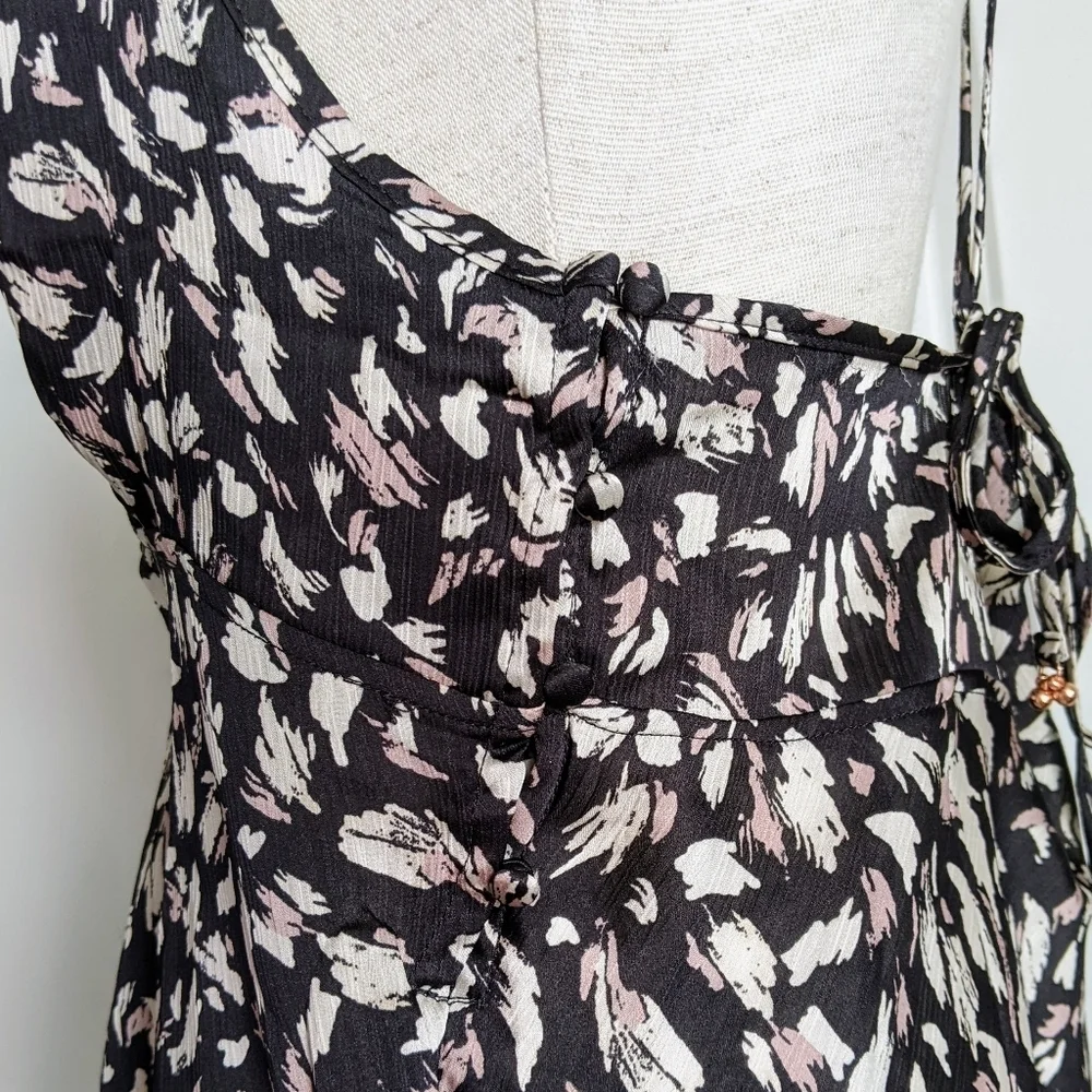 Free People Mini Dress Halter V-Neck Sleeveless Open Back Self Ties Black L NWT
